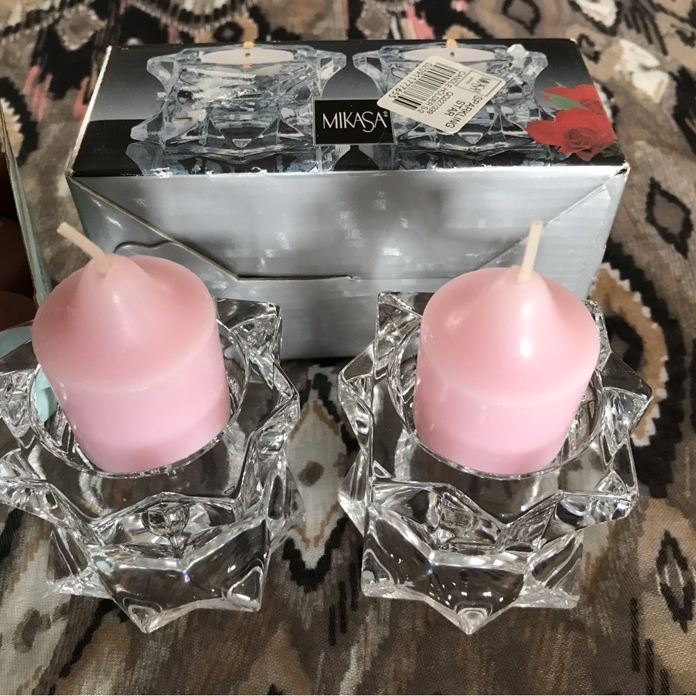 2 way Mikasa candle holders with 6 pink notive party lite candles